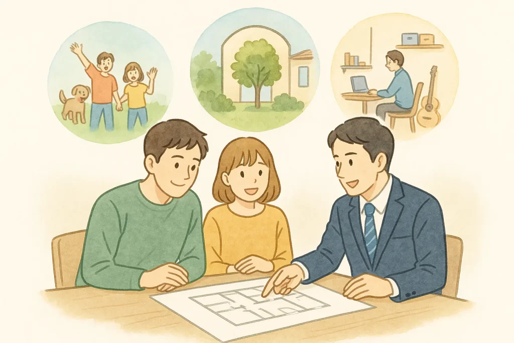 設計図を見ながら家族と建築士が相談する様子のイラスト