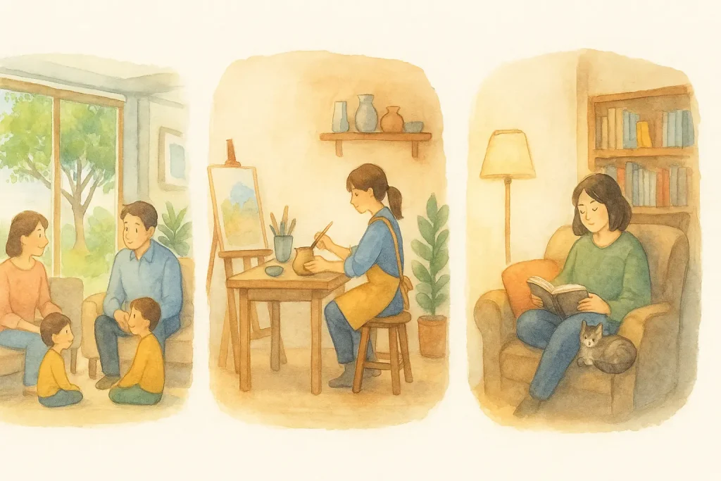家族との団らん、趣味に没頭する女性、猫とくつろぐ読書時間など、理想の暮らしの3つのイメージイラスト